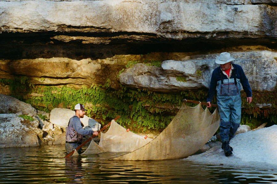 Aquatic biology researchers carry net in river