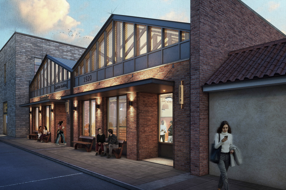 Property owner Adam Starr said a redesigned facade would reveal the property's original double gable roof. Starr shared plans to rename the building after the Gauthier family. (Rendering courtesy LRK)