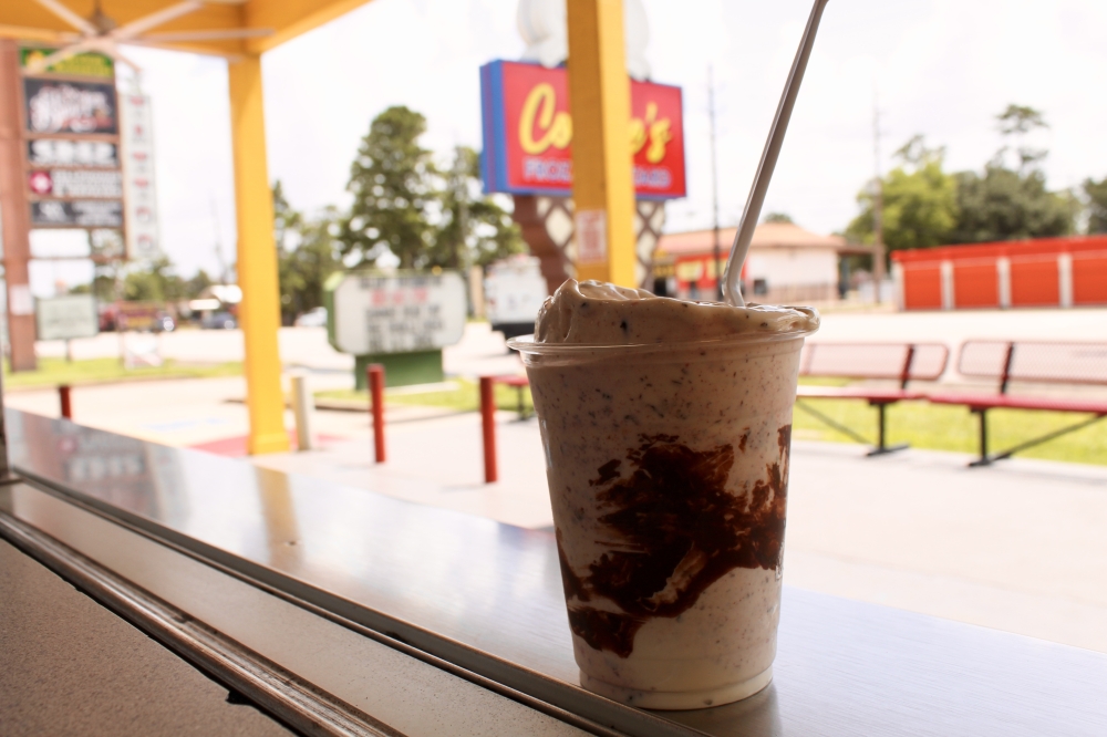 The Texas Tornado ($5.96-$7.79) isConnie’s Frozen Custard's version of a chocolate covered strawberry made with vanilla custard.(Jovanna Aguilar/Community Impact)