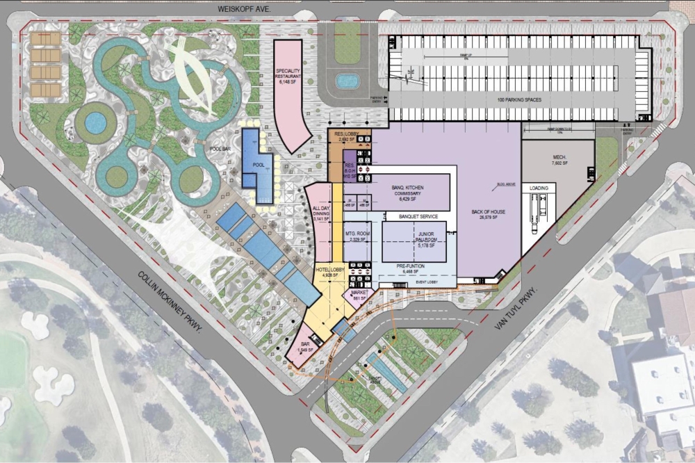 A conceptual site plan includes the hotel structure, parking, restaurant spaces, a lazy river and more. (Courtesy city of McKinney)
