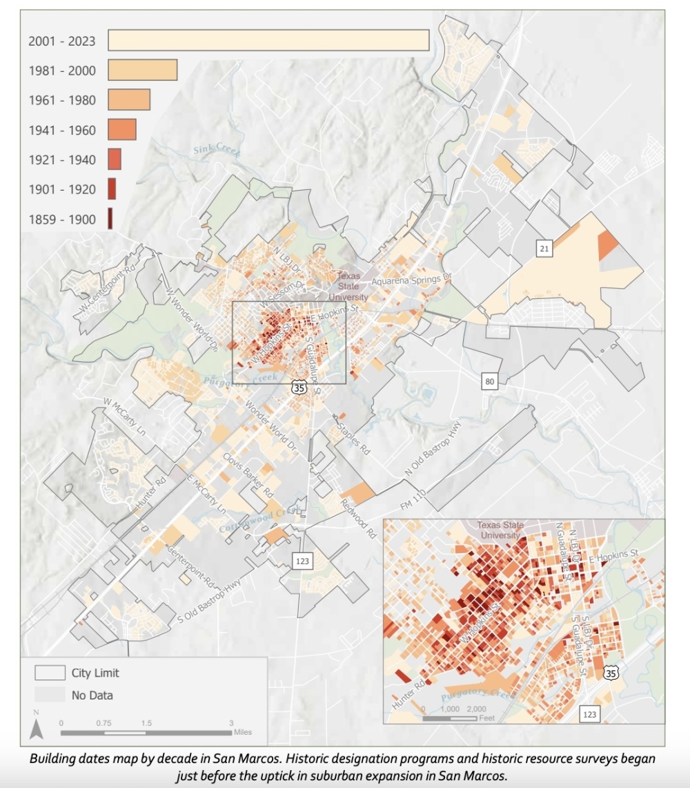 This map from the Historic Preservation Plan outlines where some of the oldest buildings in the city are located. (Source: Historical Preservation Plan/Community Impact)