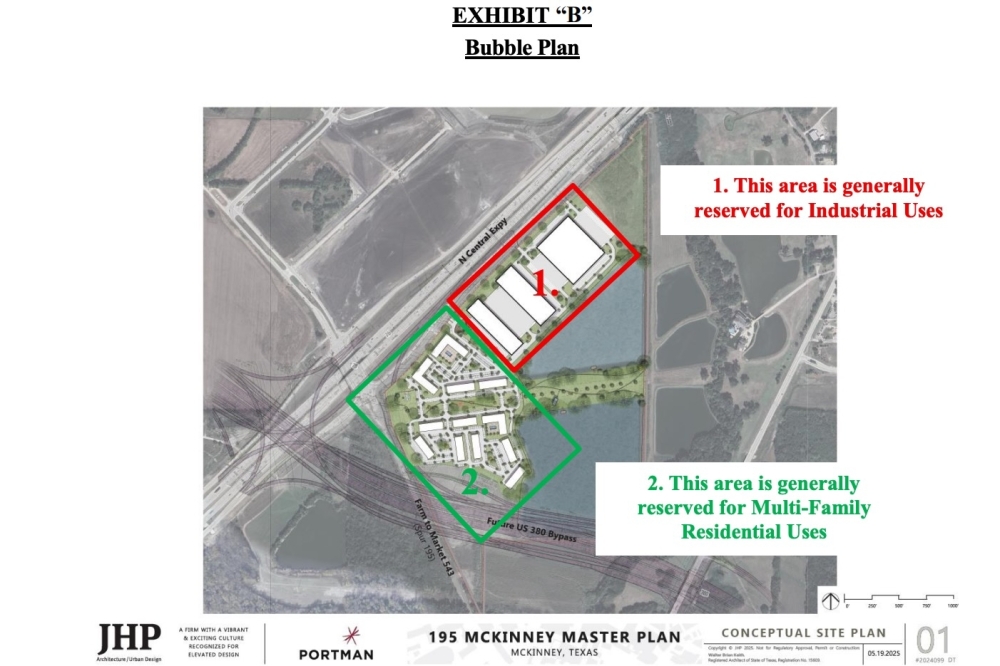A potential development agreement could lead to development of apartments and industrial space on 141 acres of land in McKinney. (Screenshot courtesy city of McKinney)