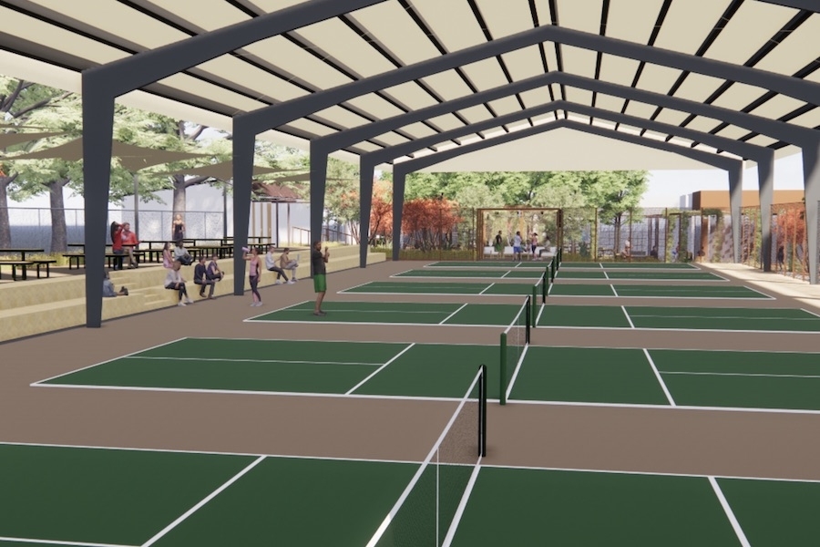 The first phase of Rush, which includes six covered pickleball courts, is slated to open to a limited number of members this summer. (Courtesy Rush)