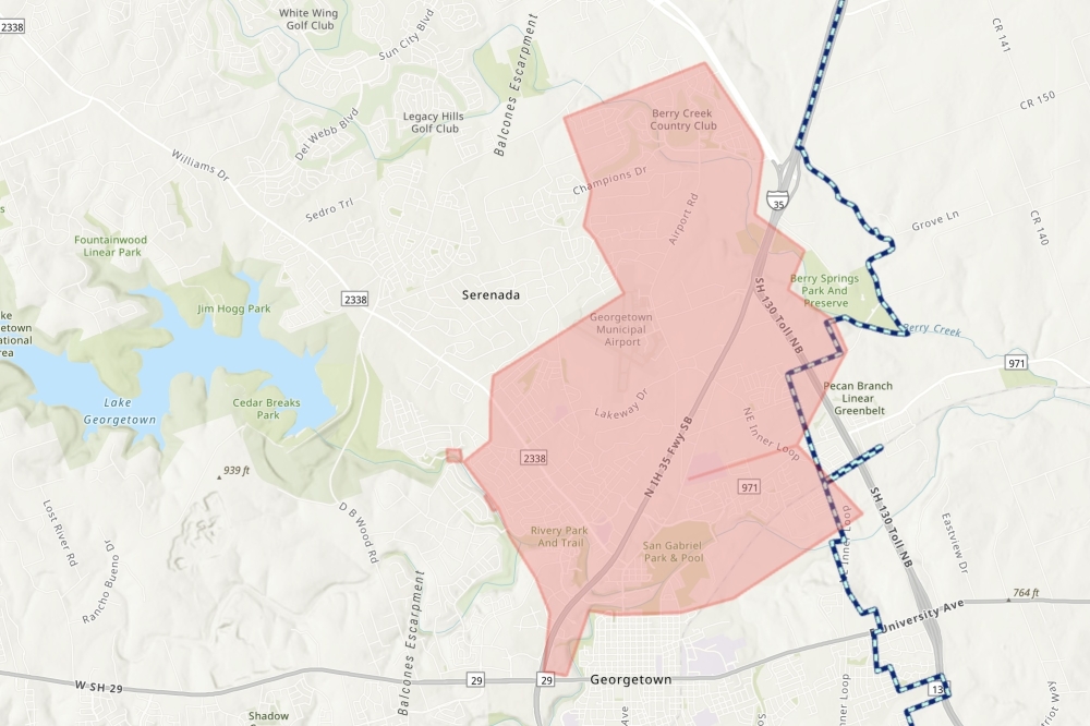 10 neighborhoods in Georgetown have been issued a boil watch notice following a water main break near I-35. A full interactive map of affected areas can be found on the city's website. (Courtesy city of Georgetown)
