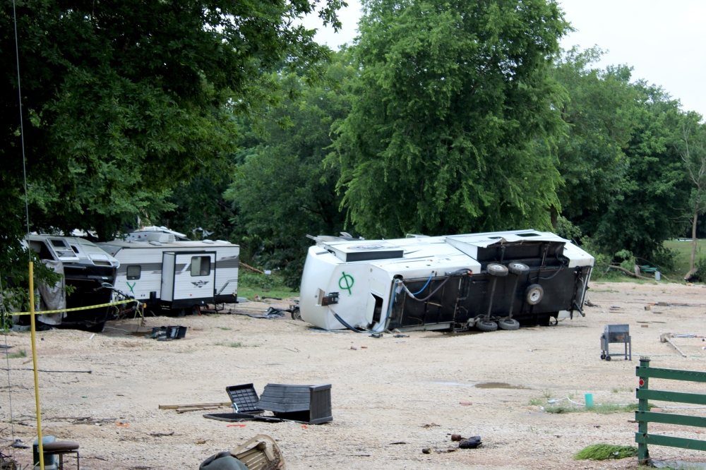 Motorhomes and RVs were damaged at GoodWater RV Park east of Georgetown, which backs up to the San Gabriel River. (Anna Maness/Community Impact)