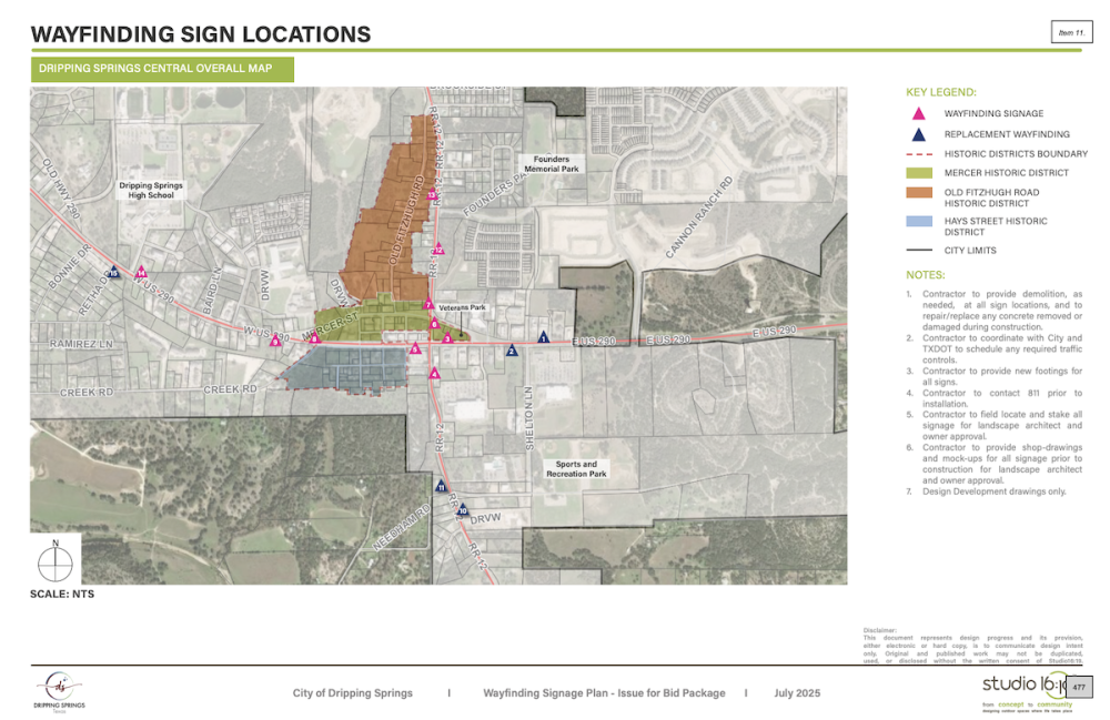 Map of wayfinding signs that would be installed across Dripping Springs, as of July 16. (Courtesy studio 16:19/City of Dripping Springs)