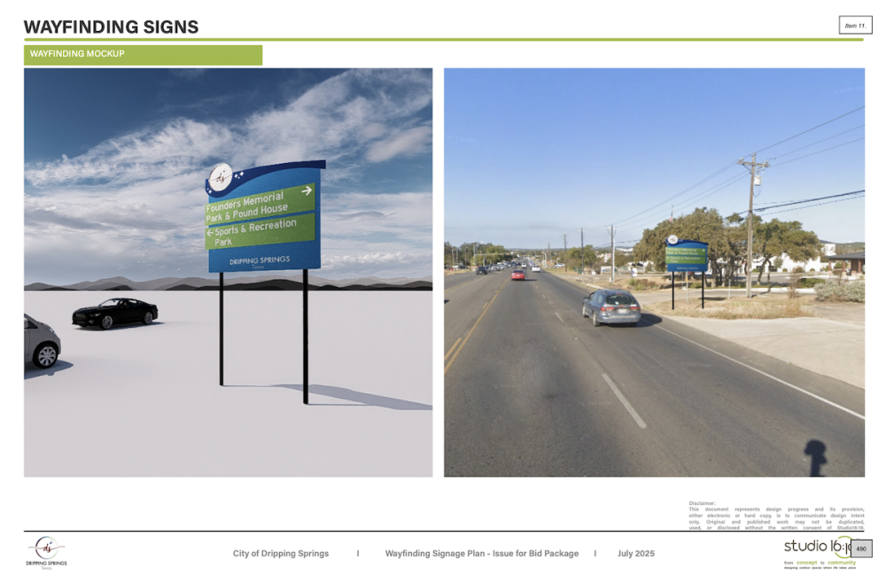 Mockup, as of July 16, of wayfinding signs that could be installed in Dripping Springs. (Courtesy studio 16:19/City of Dripping Springs)