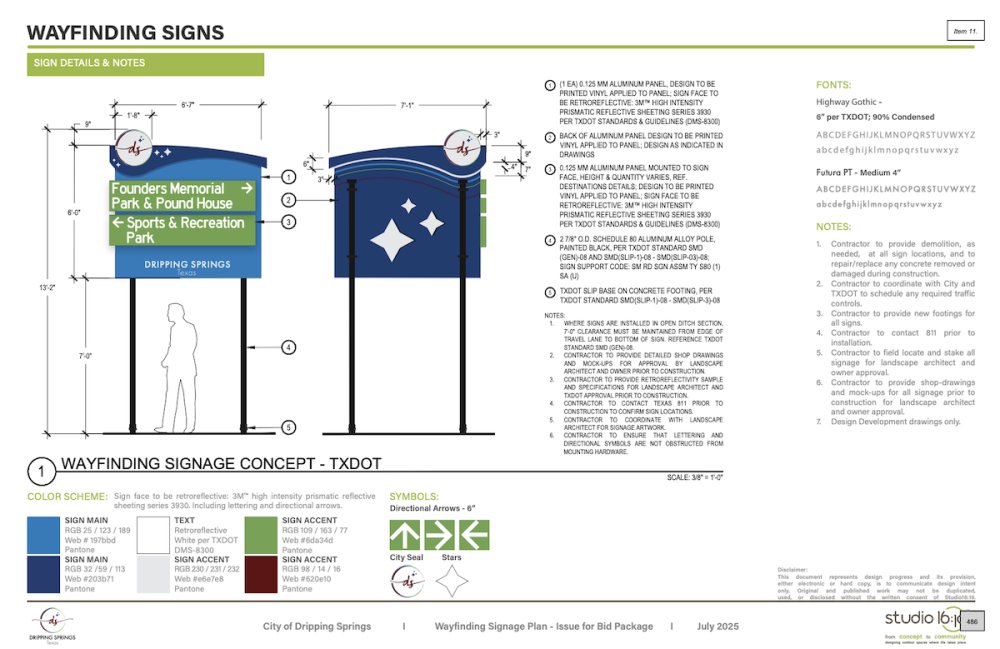Mockup, as of July 16, of front and back of wayfinding signs that could be installed in Dripping Springs. (Courtesy studio 16:19/City of Dripping Springs)