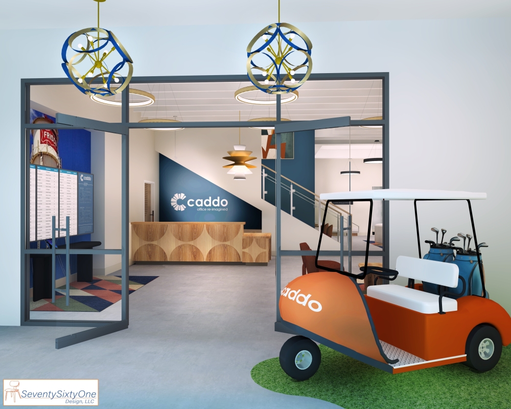 Caddo Office Reimagined Frisco lobby with vintage golf cart design