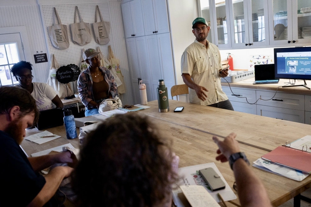 Leo Brito, founder of Zero Waste Houston, teaches a composting class at Hope Farms, April 3, in Houston. (Antranik Tavitian / Houston Landing)