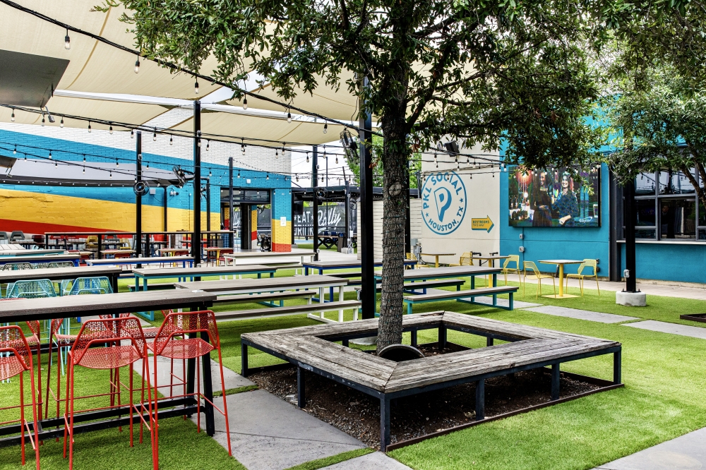 PKL Social's outdoor patio is fully equipped with shaded patio areas, misting fans and two 140-inch LED video walls. (Courtesy Becca Wight)