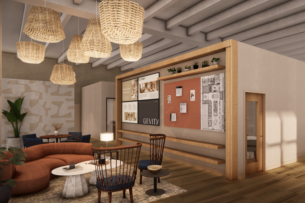 The open-concept workspace will include private rooms and call booths. (Rendering courtesy Gevity)