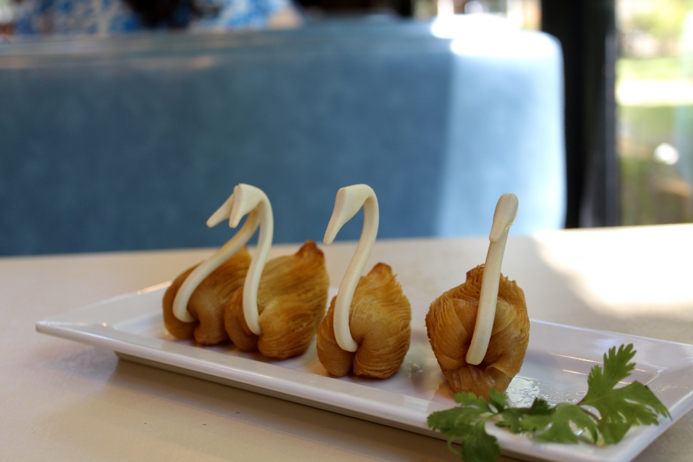 Mimi Garden serves swan-shaped durian pastry ($12). (Jovanna Aguilar/Community Impact)