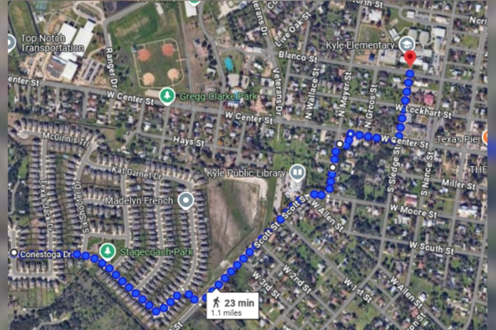 According to Hays CISD estimates, Kyle Elementary students who live on Stagecoach Crossing will travel over 20 minutes to get the campus as the area is no longer a designated hazardous area. These estimates were included in letters to impacted families. (Courtesy Hays CISD)