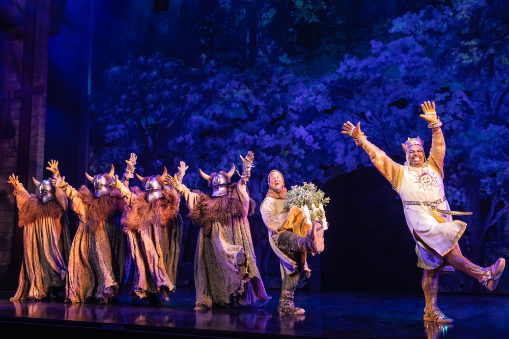 Ensemble Christopher Fitzgerald James Monroe Iglehart in the Broadway production of SPAMALOT. (Courtesy of Matthew Murphy and Evan Zimmerman).