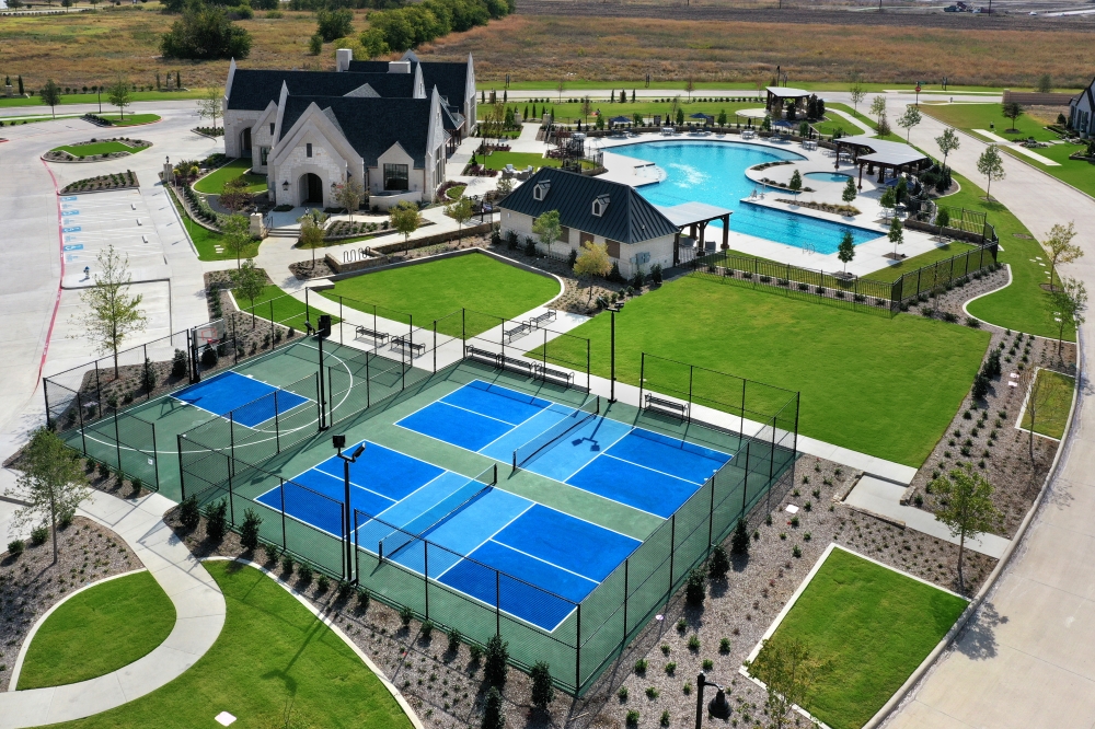Drone photo of amenities in master-planned community in Plano