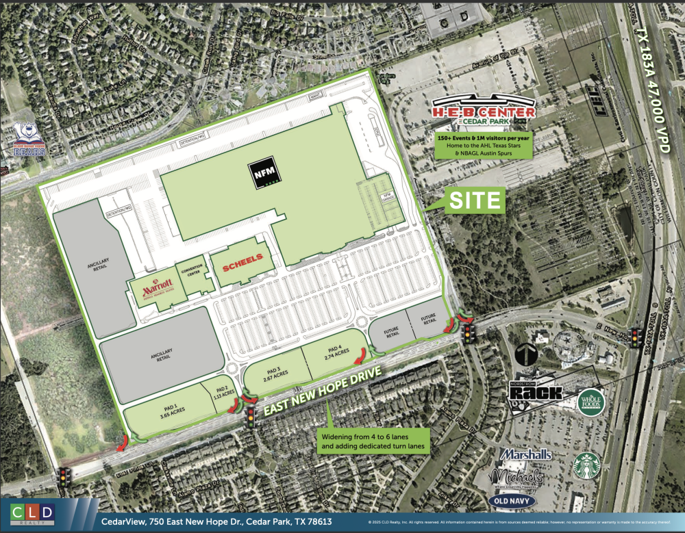 The new Cedar Park development, featuring some of the largest retail stores in the state, is projected to be complete by 2027. (Courtesy CLD Realty)