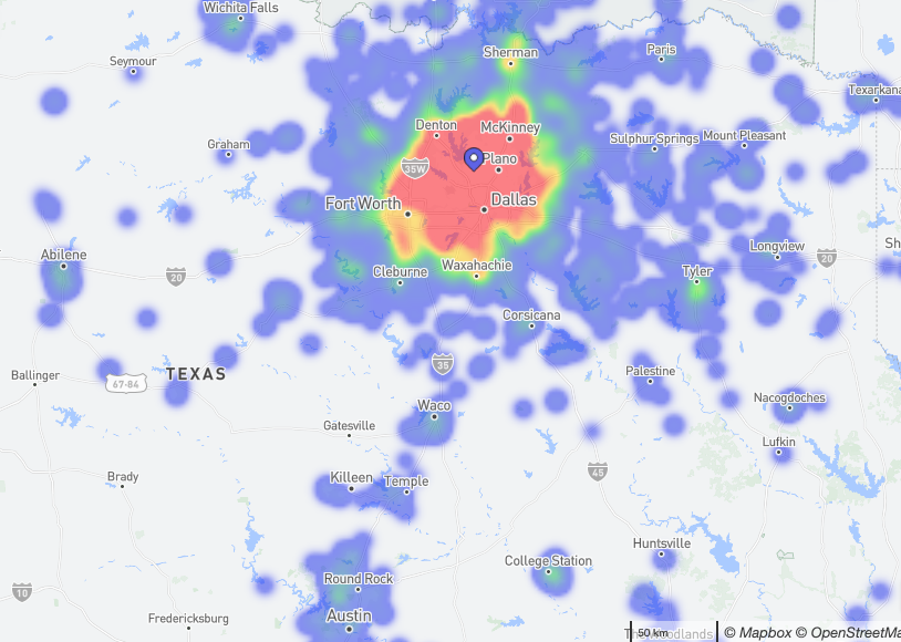 The heat map shows where visitors to The Colony NFM are coming from based on anonymous smartphone location data, reflecting foot-traffic to this specific retailer. (Source: Placer.Ai)