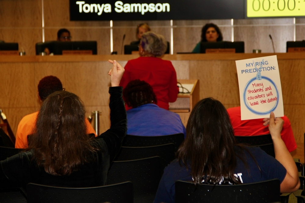 During the board's May 8 meeting, Houston ISD Superintendent Mike Miles said all but five district campuses will use district developed curriculum in the 2025-26 school year. (Wesley Gardner/Community Impact)