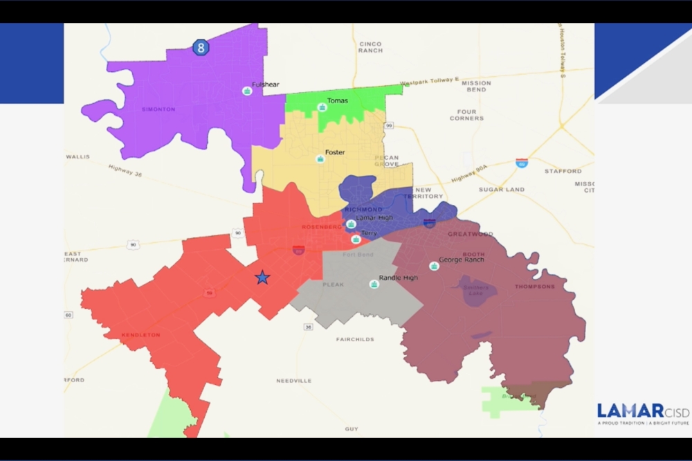The elementary schools will be placed by “track,” or color, according to the map. (Courtesy Lamar CISD)
