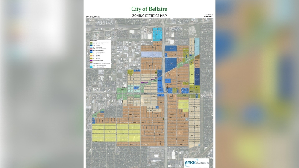 The Urban Village-Downtown zoning district runs from Bellaire Boulevard to Spruce Street and South Rice Avenue to Ferris Street. (Courtesy City of Bellaire)