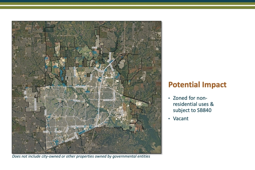A map that highlights undeveloped land currently zoned for nonresidential uses in McKinney (screenshot courtesy city of McKinney)