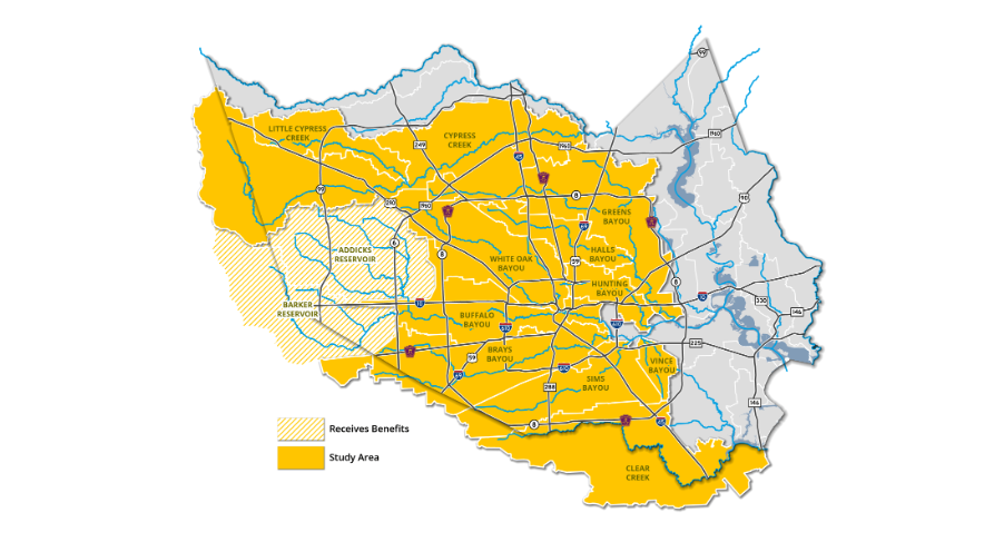 The 11 watersheds identified in the multiyear, multiphase federal study. (Courtesy Harris County Flood Control District)