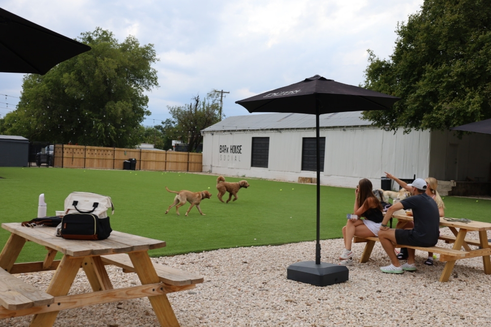 BARk House Social, a new membership-based dog park in East Austin, offers pets an off-leash turf play area while owners enjoy food trucks and a full-service bar. (Courtesy BARk House Social)