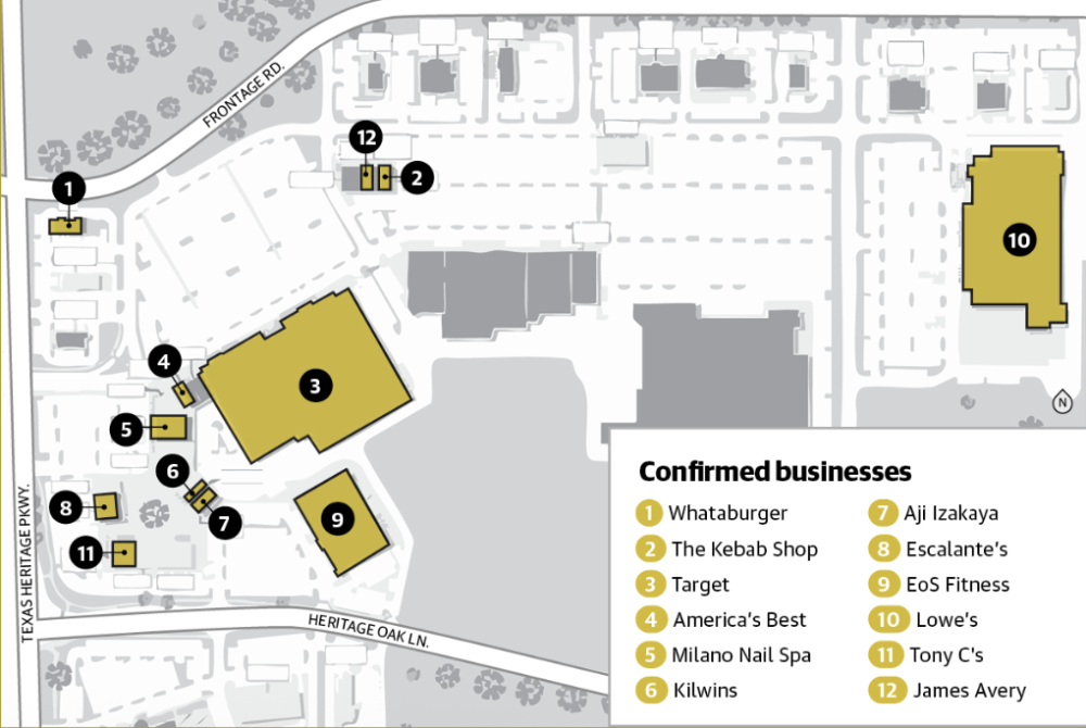 The 12 confirmed businesses will be located throughout the 165-acre development. (Graphic by Community Impact staff)