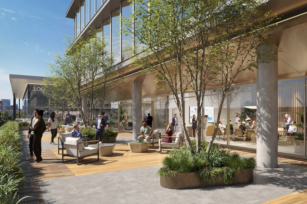 Amenities at The Arc will include a lounge, meeting space, fitness center and outdoor plaza. (Rendering courtesy Neoscape)