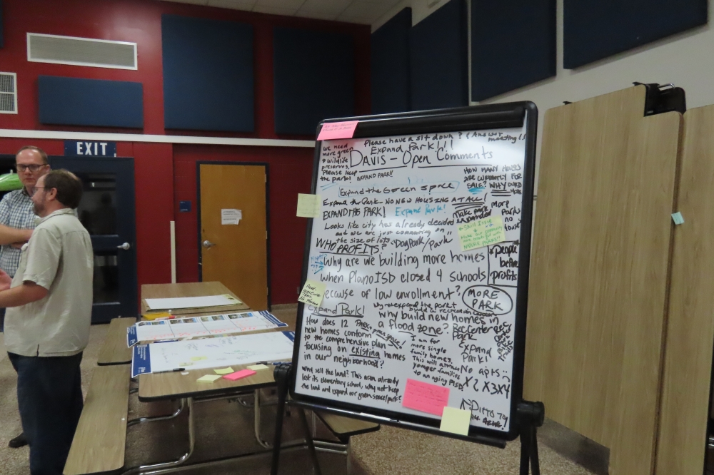 Plano officials asked residents for their preference on how the former schools should be redeveloped, including what level of housing density or style would be their preference as well as an “open-comment” white board and poster board for residents to add to. (Jacquelyn Burrer/Community Impact)