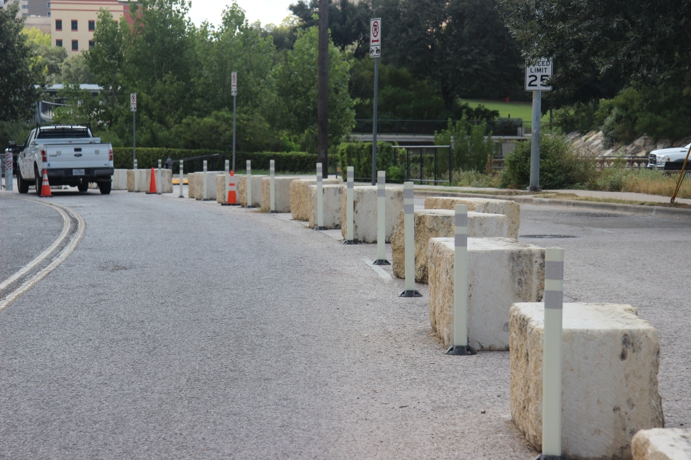 Several barriers have already been installed along the Old Red River Street plaza area. (Ben Thompson/Community Impact)