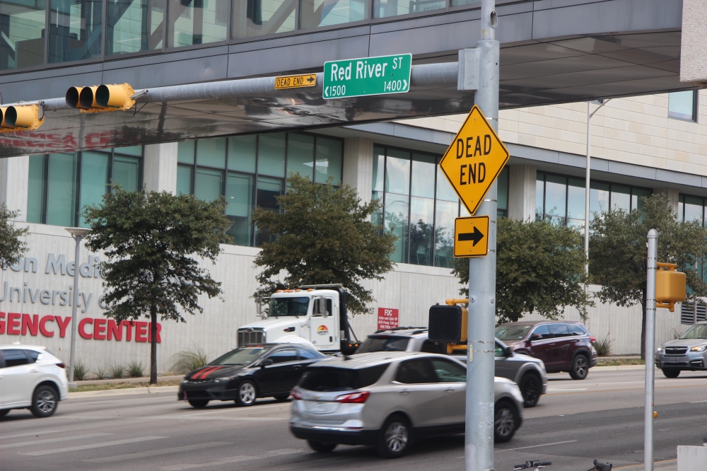 The former stretch of Red River Street running along Waterloo Park is becoming an improved public plaza. (Ben Thompson/Community Impact)