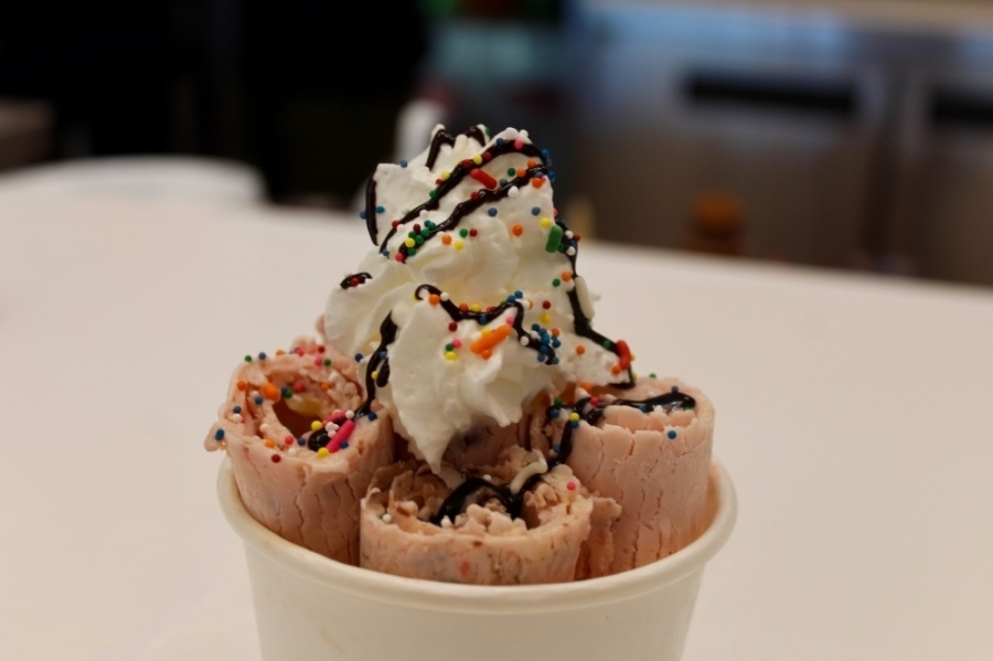 Maya Creamery offers rolled ice cream in both signature and Indian-inspired flavors, according to its menu. (Shelbie Hamilton/Community Impact)