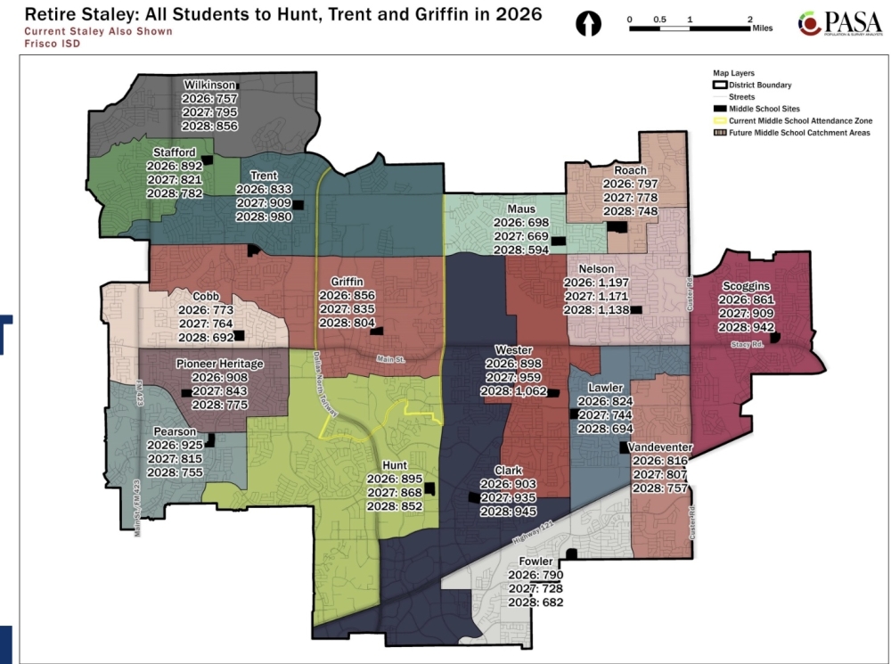 A draft of the attendance zones was supplied during a board workshop about the campus closure. (Courtesy Frisco ISD)