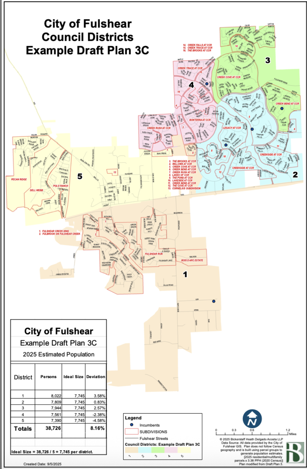 The map makes the populations in each district more equitable after the study found Districts 1 and 4 had more constituents due to population growth. (City of Fulshear)