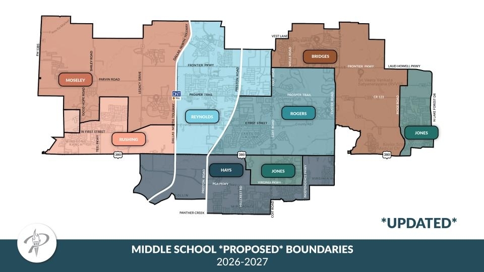 Prosper ISD board members reviewed potential new attendance boundaries as they prepare for Bridges Middle School to open for the 2026-27 school year. (Courtesy Prosper ISD)