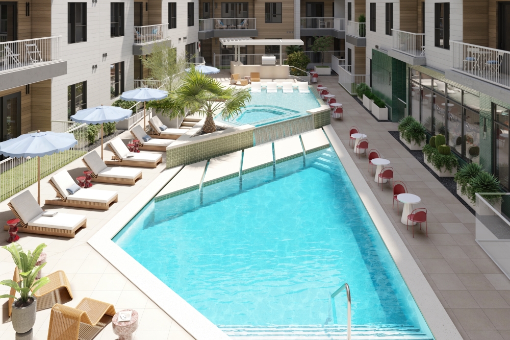 The luxury development will provide boutique hotel amenities, including a resort-style pool. (Rendering courtesy Pearlstone Partners)