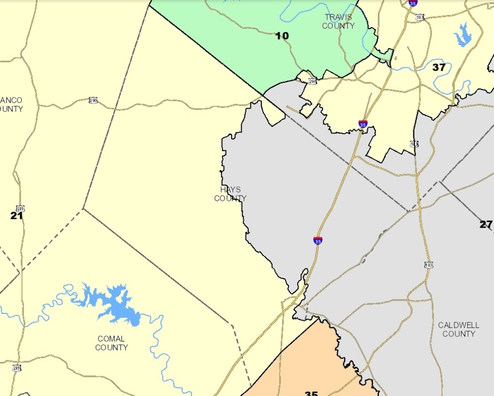 Pending a federal court decision, Hays County will be represented by one of two congressional districts, 21 or 27. (Courtesy Texas Legislative Council Capitol Data Portal)