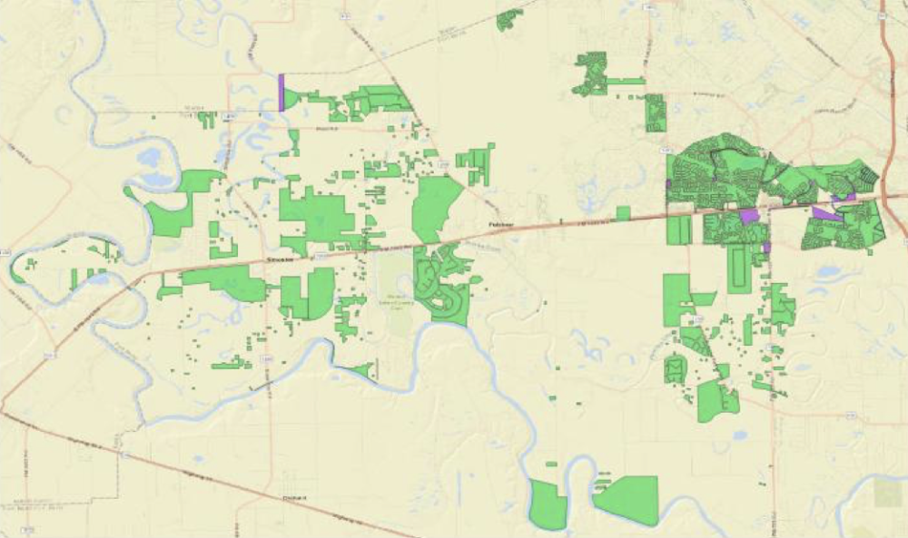 Areas in green would have contributed 2% sales tax to the department while areas in purple would have contributed 1%. (Courtesy Fulshear Simonton Fire Department)