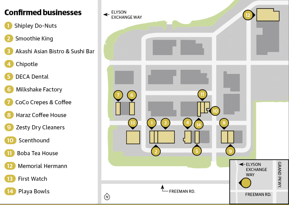 The 14 businesses will be located throughout the 17.5-acre development. (Graphic Community Impact staff)