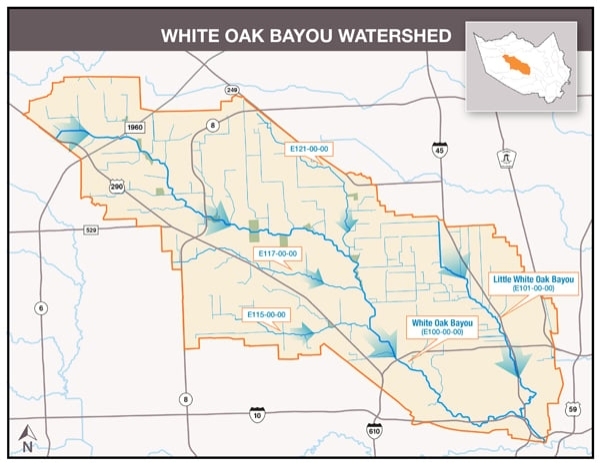 The White Oak Bayou watershed stretches from central to northwest Harris County and includes the city of Jersey Village and portions of the City of Houston. (Courtesy Harris County Flood Control District)