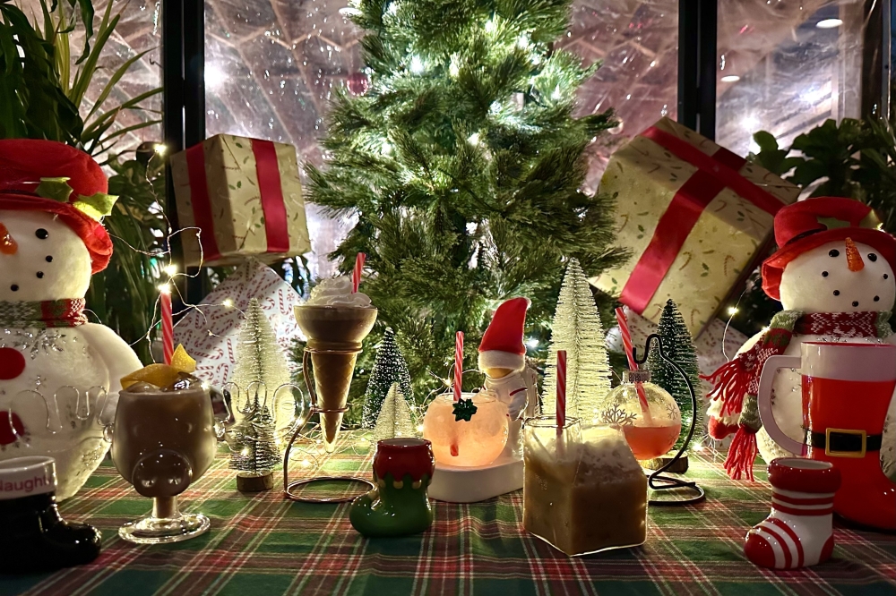 Heights & Co. offers seasonal drinks and food served in festive glassware during the holidays.