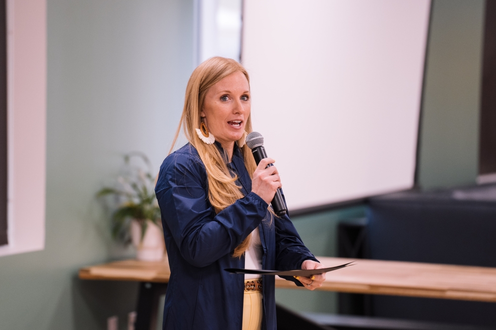 Executive Director Lara Mautz speaking at the grand opening of Christ Clinic's new location. (Courtesy Christ Clinic)