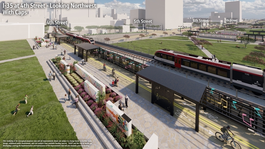 Rendering of the future I-35 at 4th Street looking northwest with the rail line and showing the 'caps' that will be over the roadway and allow for multipurpose community spaces (parkland, walking paths, etc.)