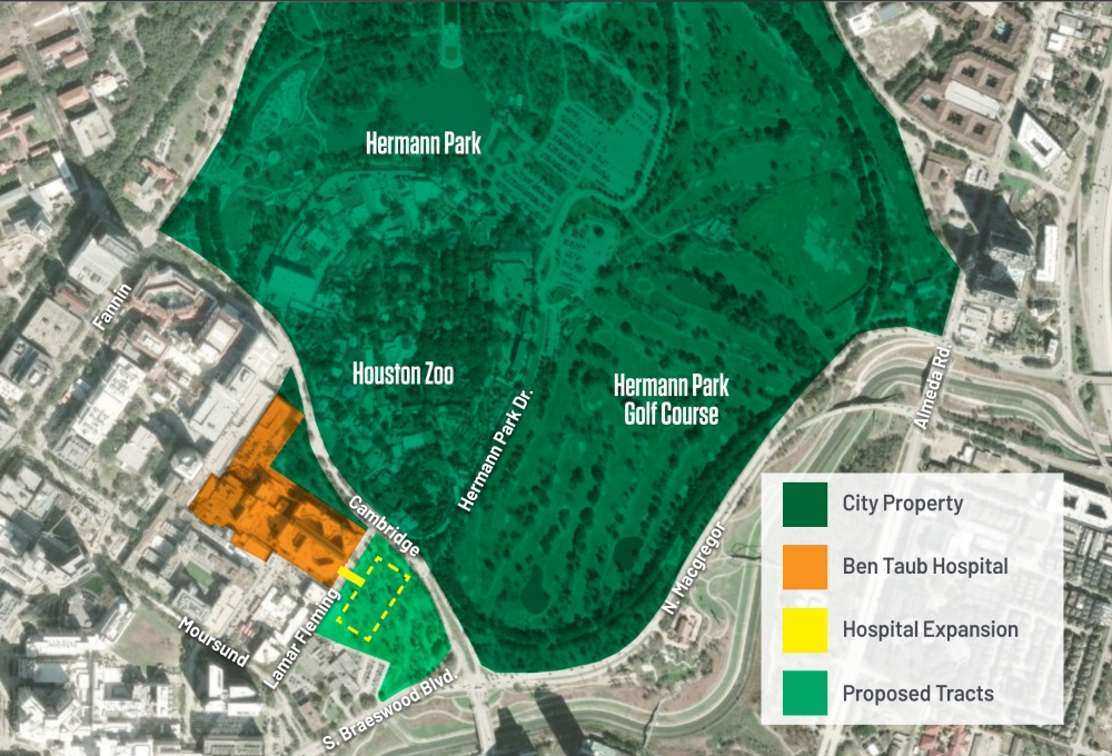 The approximately nine acres of Hermann Park that would be used for the Ben Taub Hospital expansion are separated from the rest of the park by Cambridge Street. (Courtesy Harris Health)