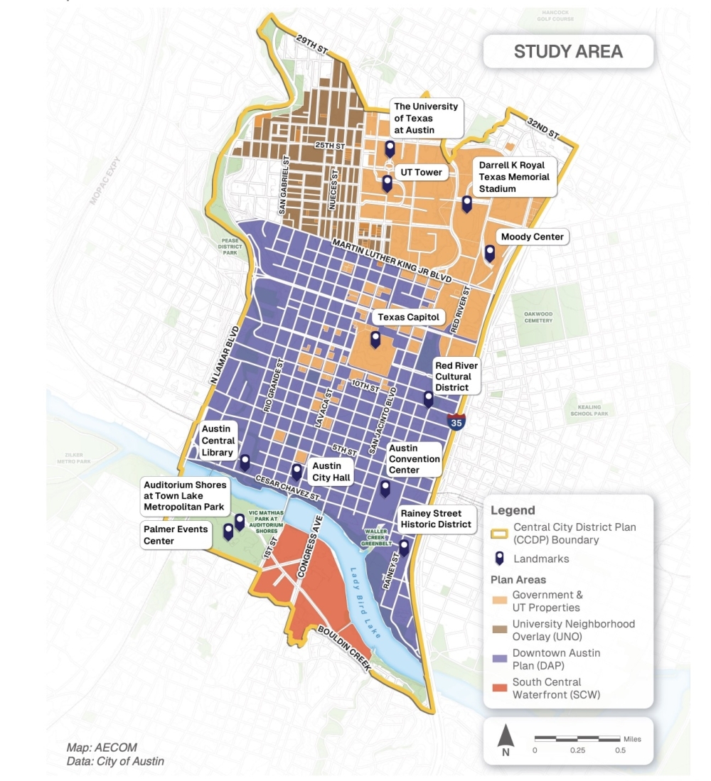A new decade-long plan for Central Austin evolved this year to include the traditional downtown area, as well as the South Central Waterfront and West Campus. (Courtesy city of Austin)