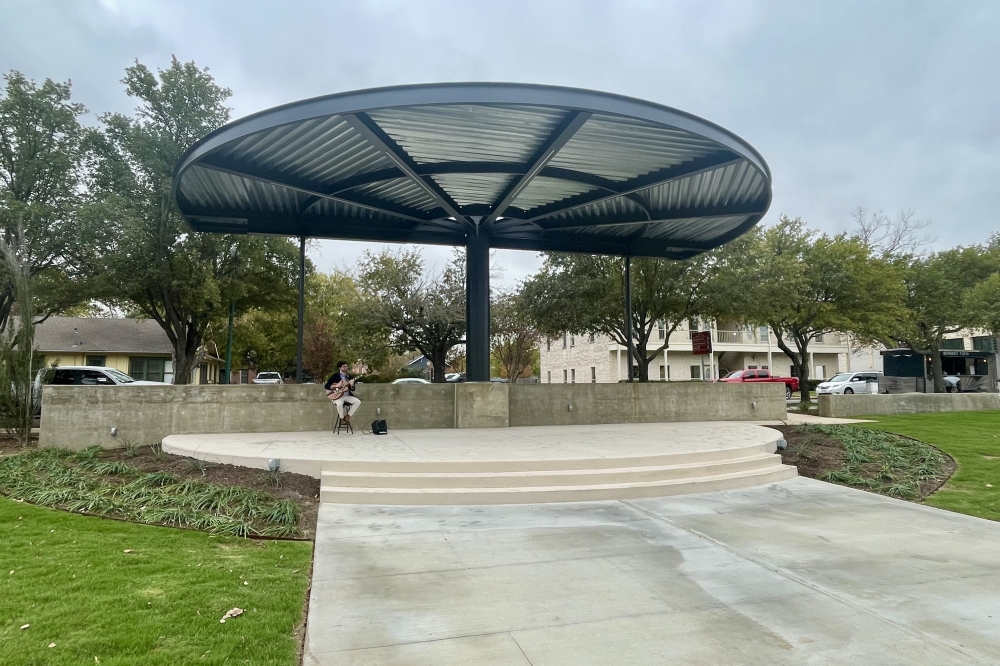 The Light & Waterworks District Plaza includes a covered performance stage. (Claire Shoop/Community Impact)