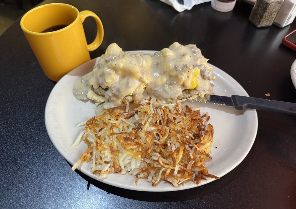 The Redneck Benedict ($15.99) is a twist on the classic egg dish with sausage, biscuits and gravy.