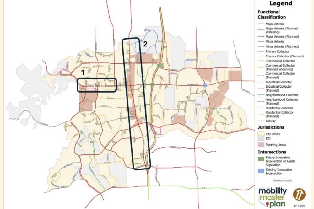 A map shows the locations of the planned Whitestone Boulevard widening project and Bell Boulevard corridor study. (Courtesy city of Cedar Park)